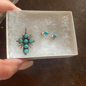 Turquoise Starburst Cross Pendant and simple Turquoise dot post earrings